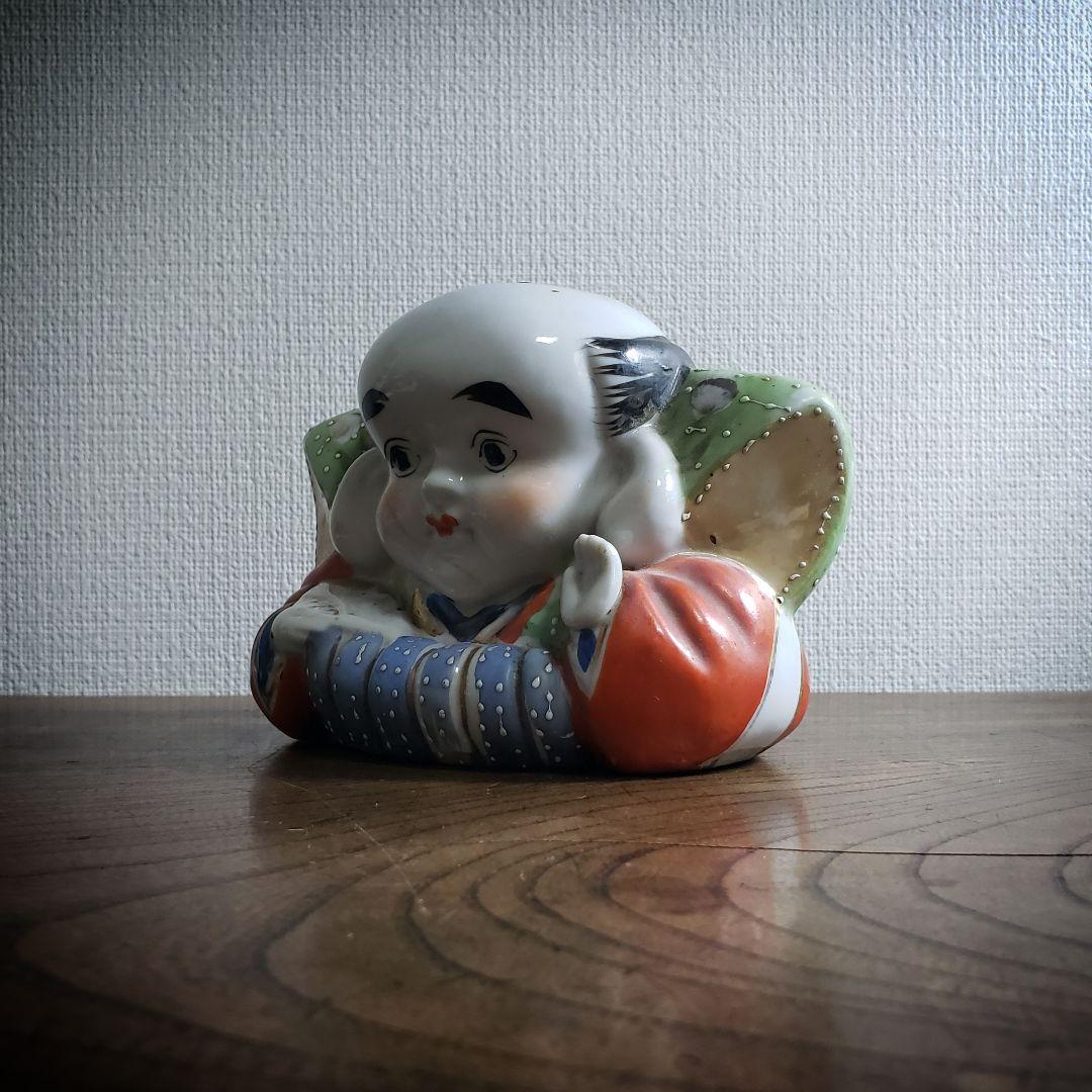 福助置物アンティーク 古い 福助人形 手招き 縁起物 商売繁盛 色絵 時代品