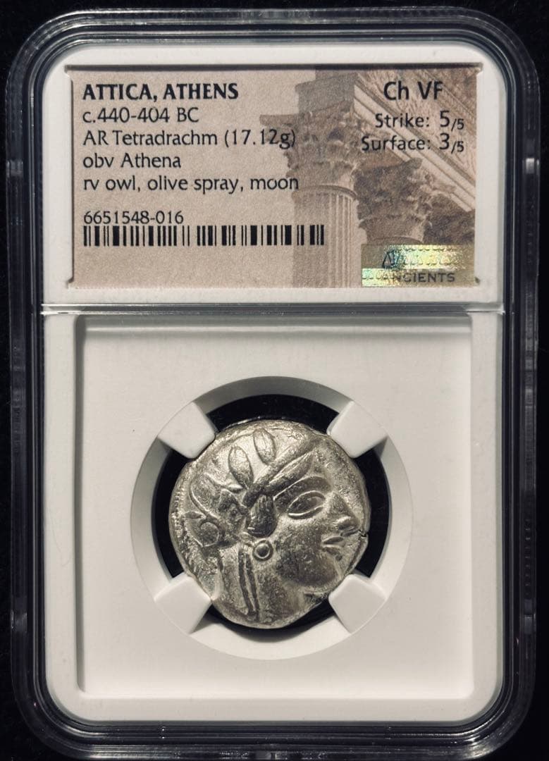 NGC鑑定 VF+打刻満点 5/5】紀元前ギリシャ アテネ女神とフクロウ 銀貨 JCC