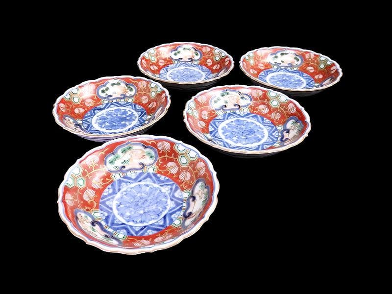 大聖寺伊万里 金襴手 金唐草に亀甲紋の図 4寸皿 5枚 A542AS-DAyの