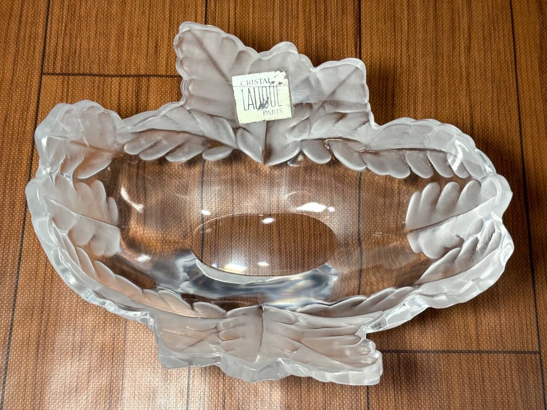 美品】Lalique ラリック クリスタル ボウル リーフ 彫刻 シール付