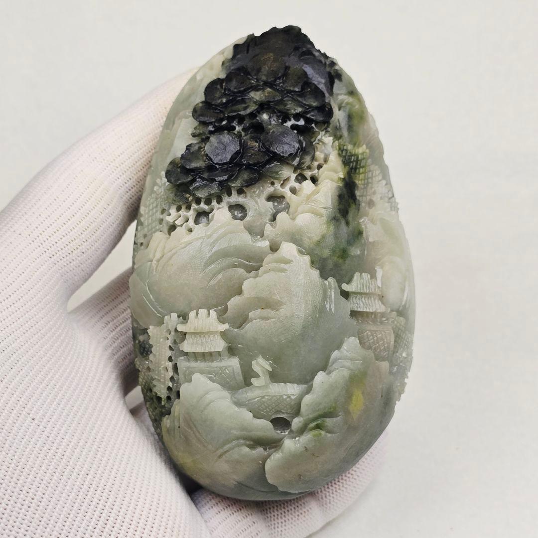中国古美術 天然石 翡翠 碧玉 手彫 深山訪友紋 超大型玉掛飾 置物