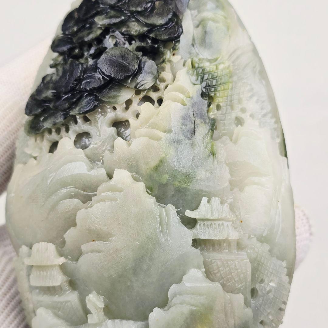 中国古美術 天然石 翡翠 碧玉 手彫 深山訪友紋 超大型玉掛飾 置物