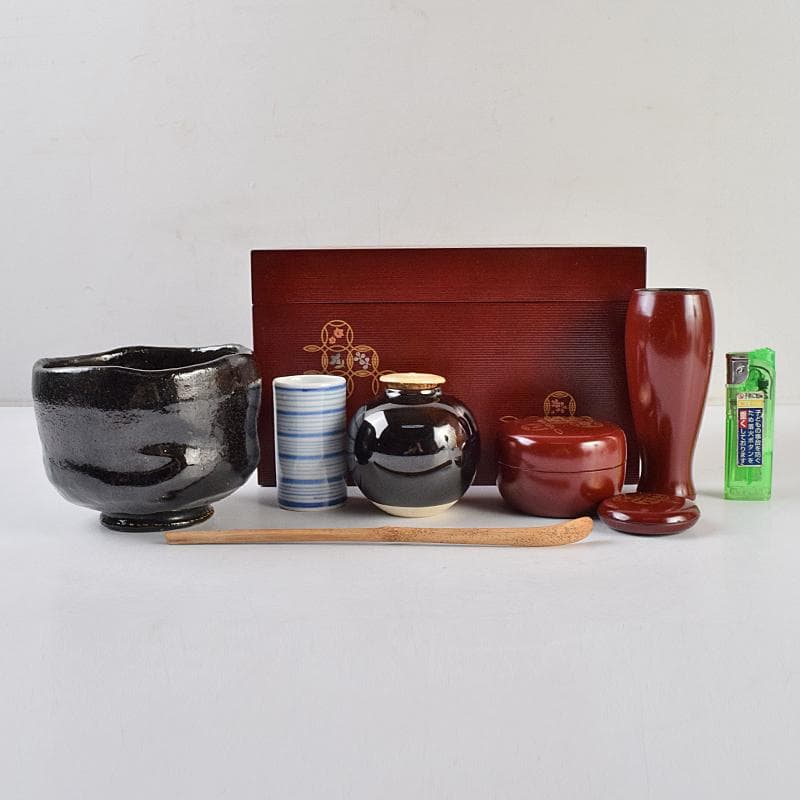 茶道具 うるみ塗 七宝蒔絵 利休茶箱 棗 黒楽茶碗など 七点 一式 MR9482