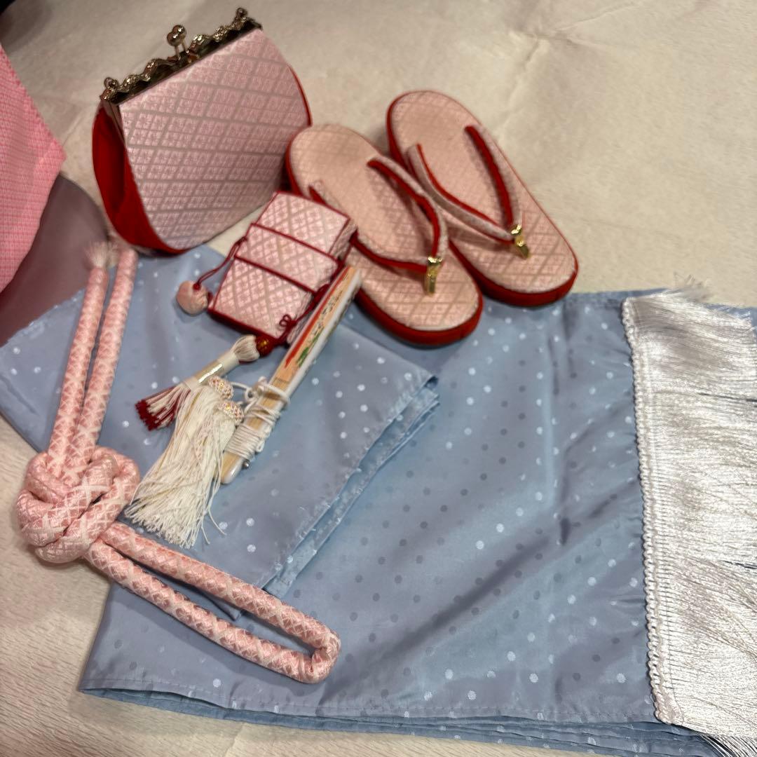 七五三　着物セット　7歳　水色　花柄　ポンポネット