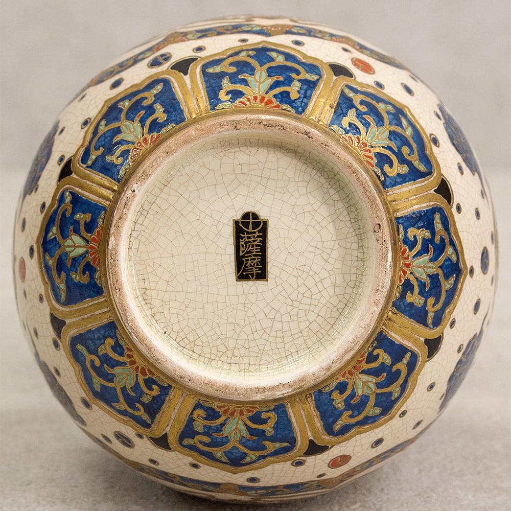 薩摩焼 丸十字 薩摩 明治期 瓢箪型金彩鳳凰文 花瓶 金襴手 アンティーク