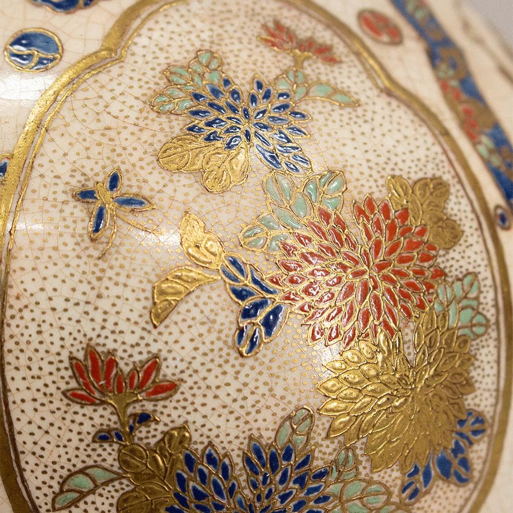 薩摩焼 丸十字 薩摩 明治期 瓢箪型金彩鳳凰文 花瓶 金襴手 アンティーク