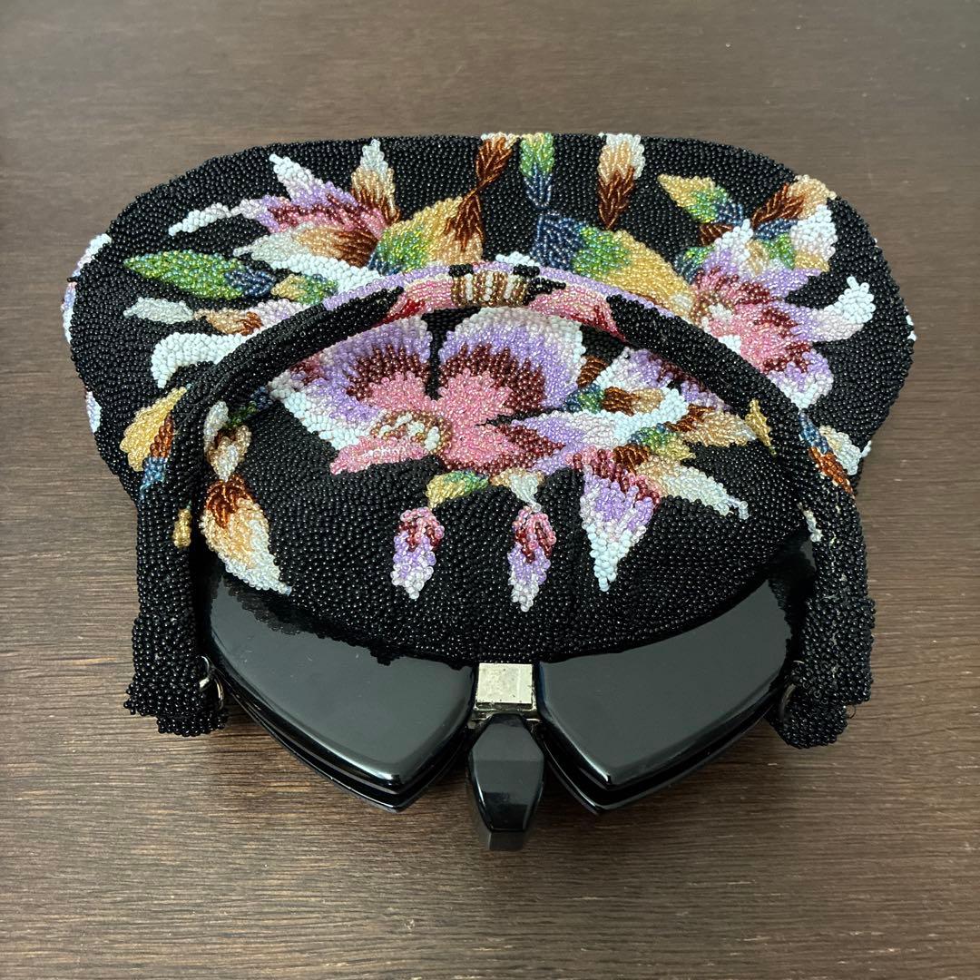 花柄　ビーズハンドバッグ　和装　着物　昭和レトロ　ビーズバッグ　がま口