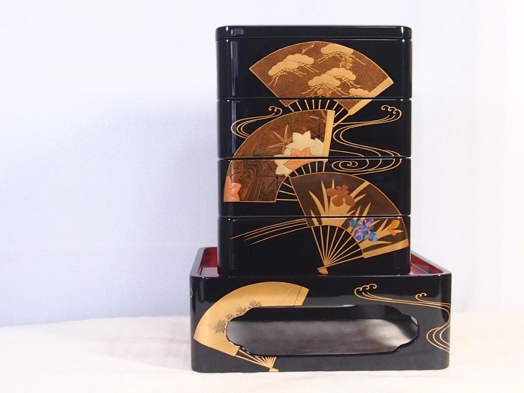 【高級・未使用】輪島塗 道甫作 扇面蒔絵 四段重箱 台付き お重/弁当箱 漆器