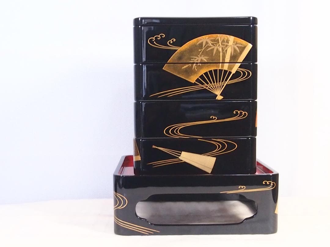 【高級・未使用】輪島塗 道甫作 扇面蒔絵 四段重箱 台付き お重/弁当箱 漆器