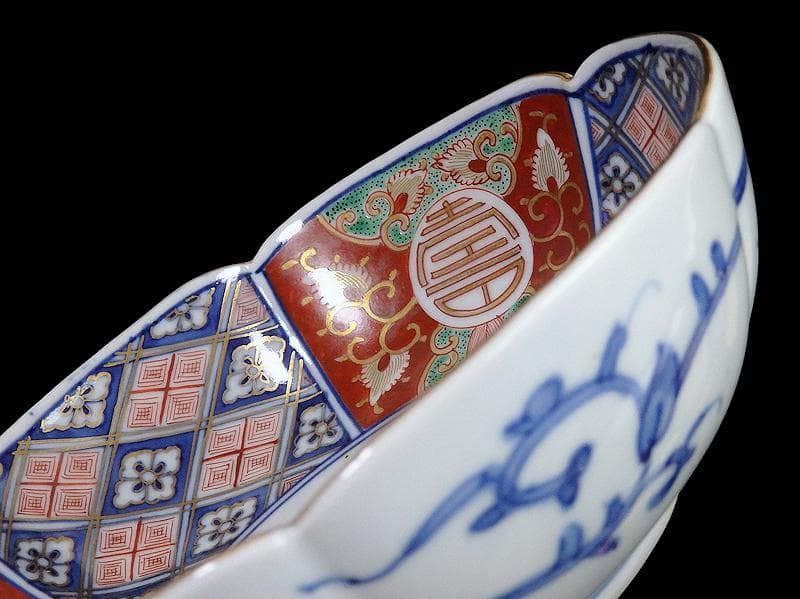 大聖寺伊万里 寿に金唐草 中陰菱に花菱紋の図 大振膾皿 B340AS-CVc