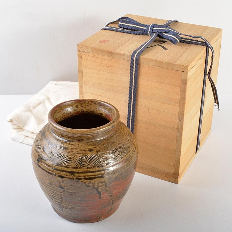 北大路魯山人作　信楽焼　波線文　壷　共箱　M　R5661 北大路魯山人作 信楽焼 波線文 壷 共箱 M R5661