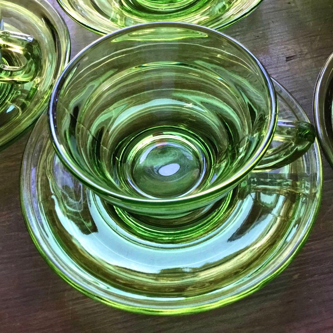 アールデコ◇ガラスカップ&ソーサー6客◇緑 グリーン 昭和レトロ
