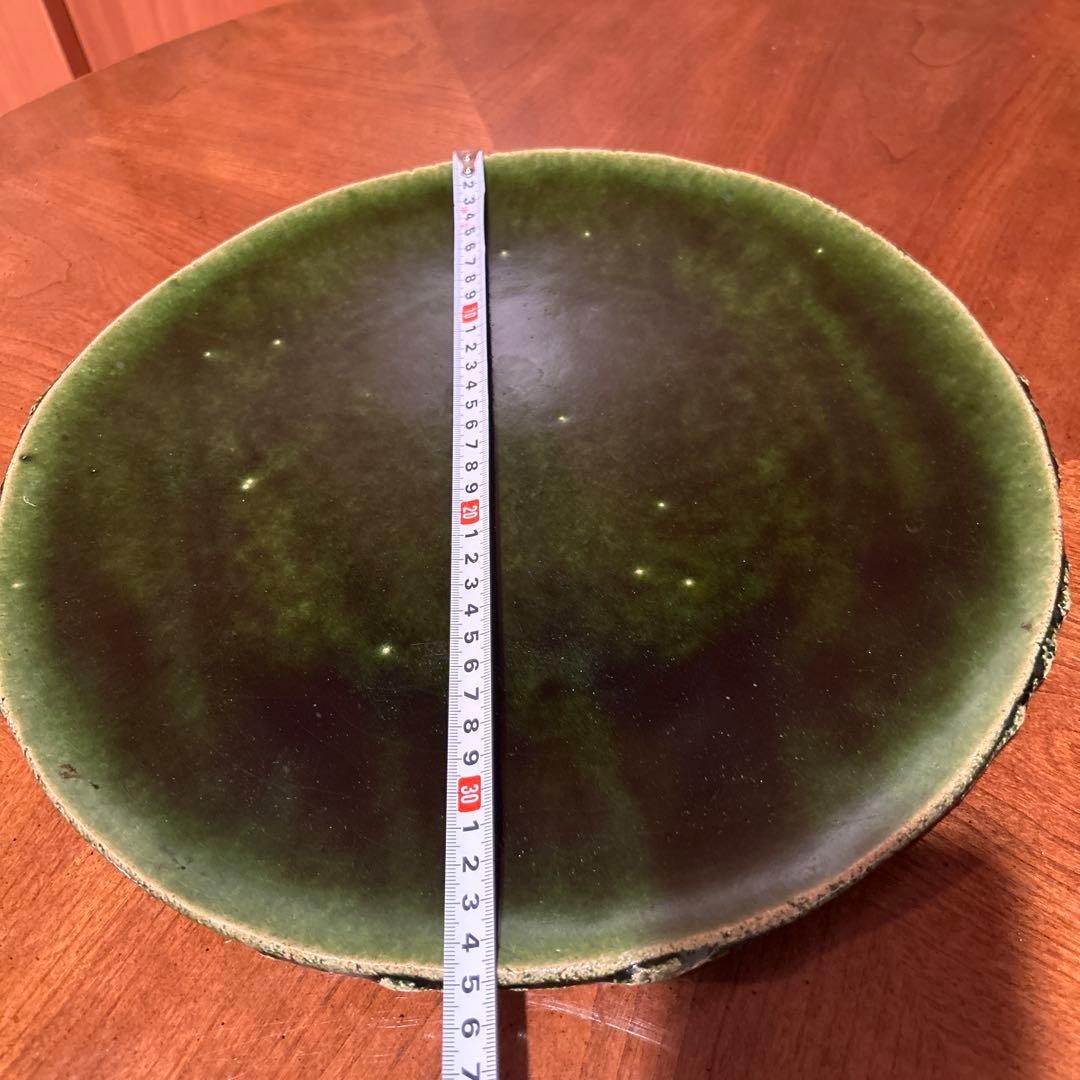 新品◇④織部焼 森脇 文直作 緑色の陶器製丸皿大皿