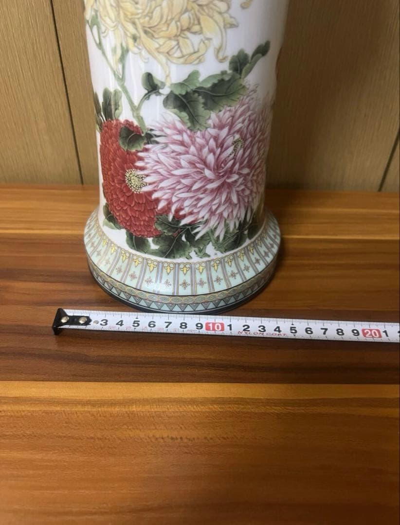 希少 ヴィンテージ 色絵磁器花瓶 「四季菊花山雀」愛新覚羅毓誉 中国陶磁器