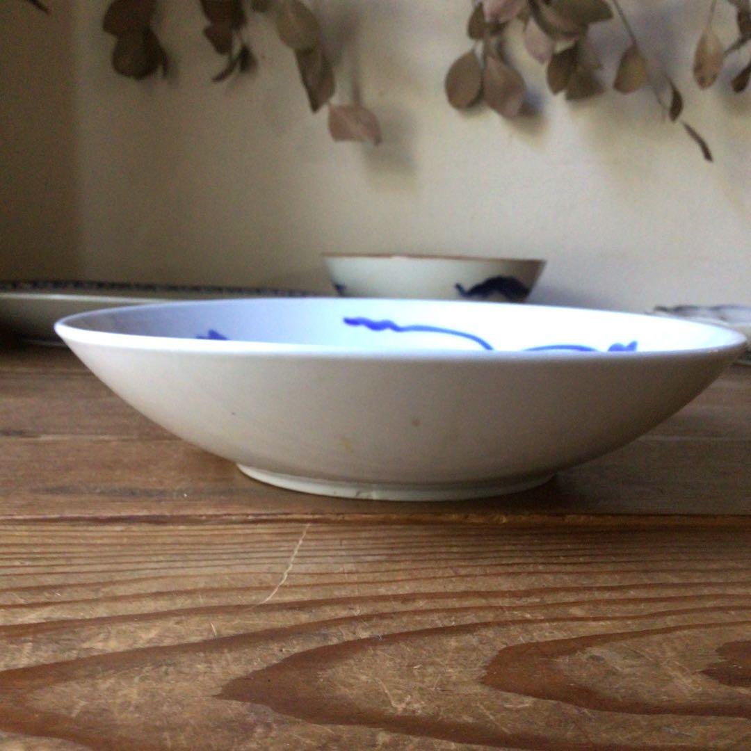 中皿 5枚 染付 山水文様 幾何学 草文様 花弁縁 銘 中