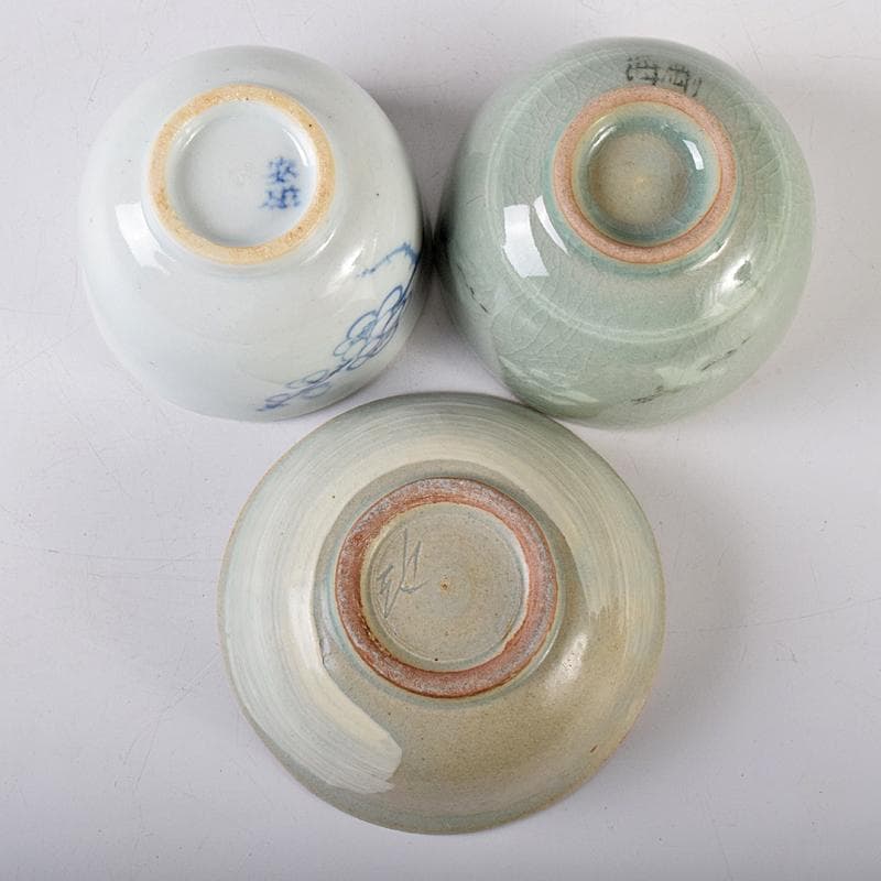 韓国人間文化財柳海剛（柳根瀅）作 象嵌鶴雲文など 盃 3点