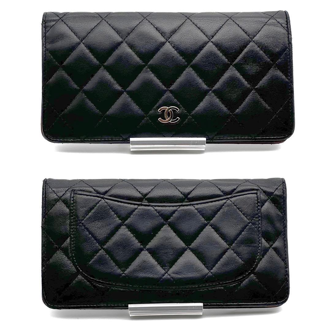 CHANEL シャネル ココマーク マトラッセ ラムスキン 二つ折り 財布黒