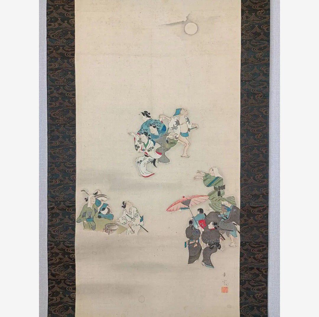 希少】慰霊 盆踊 舞 月夜神楽 絵 掛軸 仏教 日本画美術 骨董品 インテリア