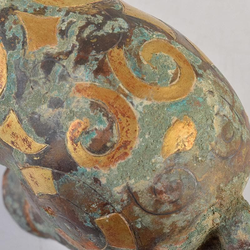 中国　青銅鍍金　金銀象嵌　神獣　置物　V　R8446