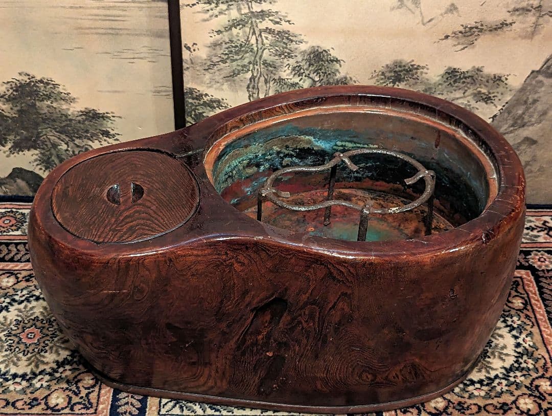 天然木切抜瓢箪形火鉢瓢箪形五徳付き民芸家具時代家具古民具囲炉裏