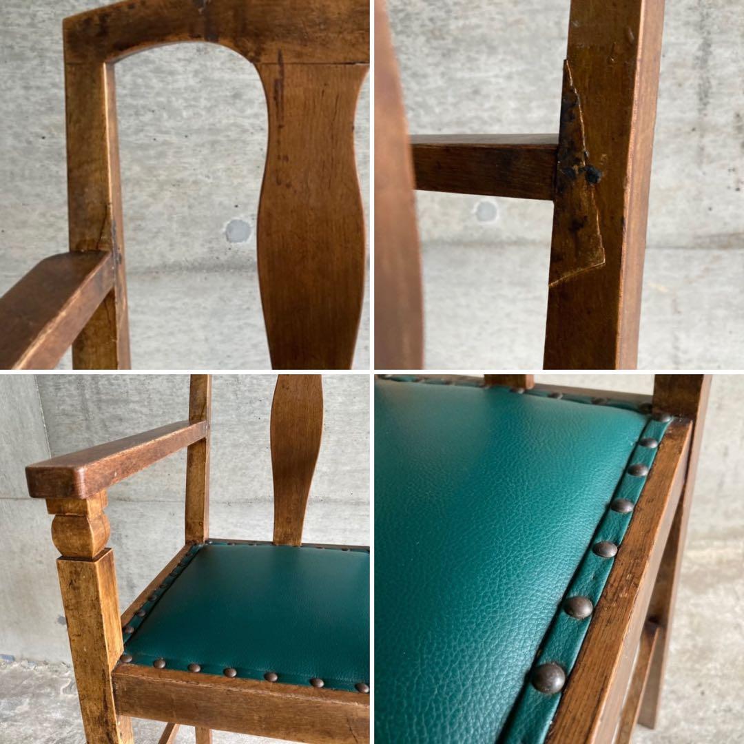 古い味のある子供椅子 ハイチェア 木製 飾り台 緑色 家具 レトロ