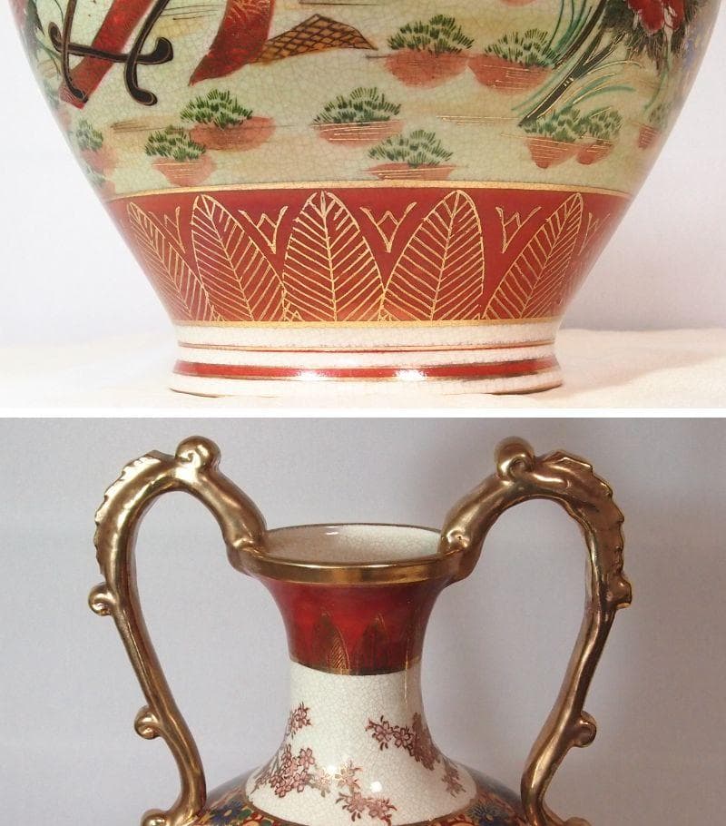 【美品】薩摩焼 御所車文/山水楼閣文 飾り壺/花瓶/花器 桜/牡丹 薩摩十字文