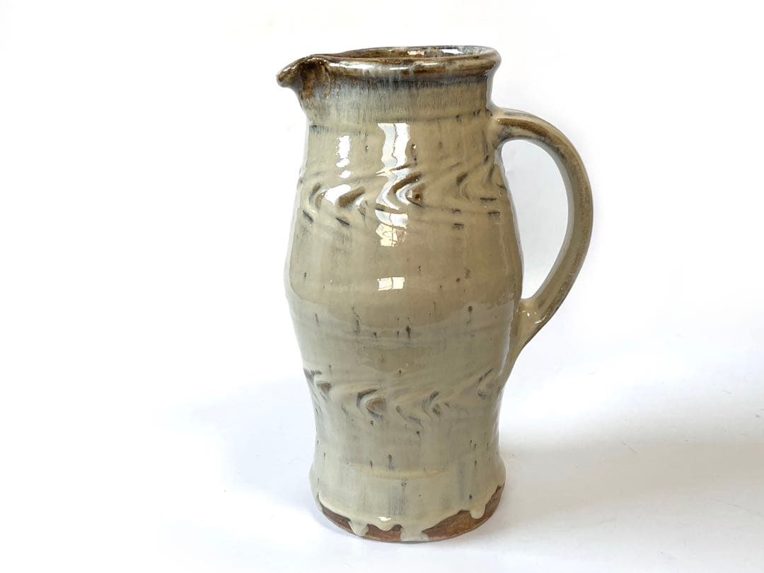 人間国宝 陶芸 濱田庄司 浜田庄司 白釉紋打花瓶 水注 ピッチャー 手付