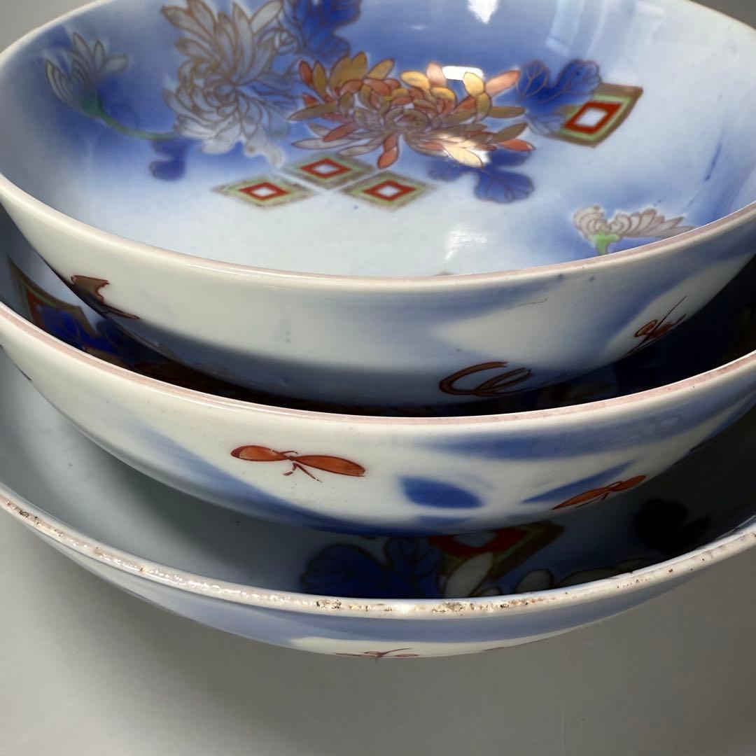 オールド深川製磁 明治時代 色絵菊文様三ツ鉢 深川ブルー 金彩 香蘭社