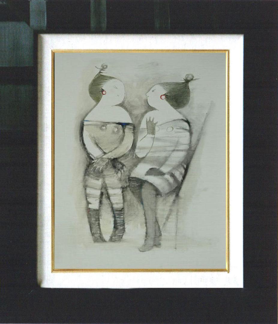 油絵 菅家令子 絵 絵画インテリ 額付(青緑＋金色の枠) F6-081712女性