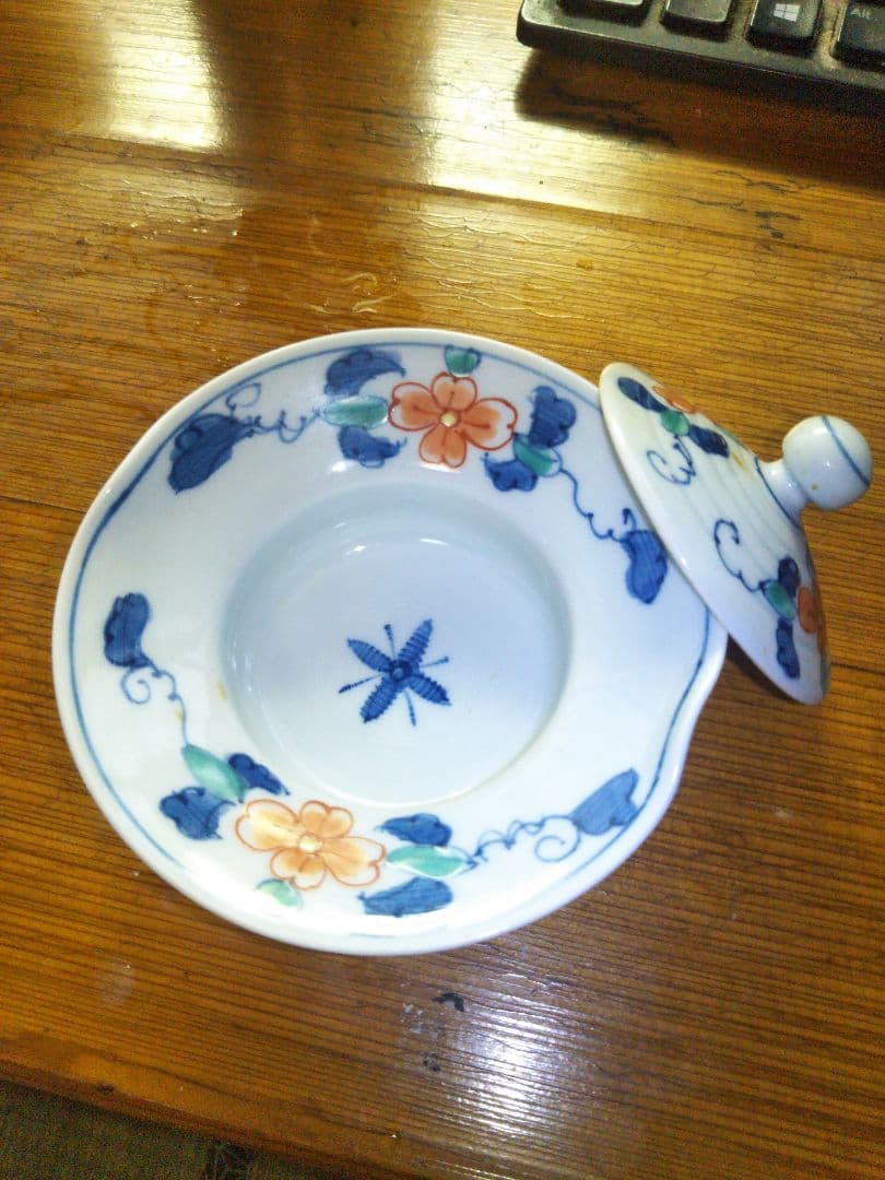 大幅値下げ!!)色絵染付有田焼万歴草花 華山 懐石茶道具 赤絵伊万里蓋