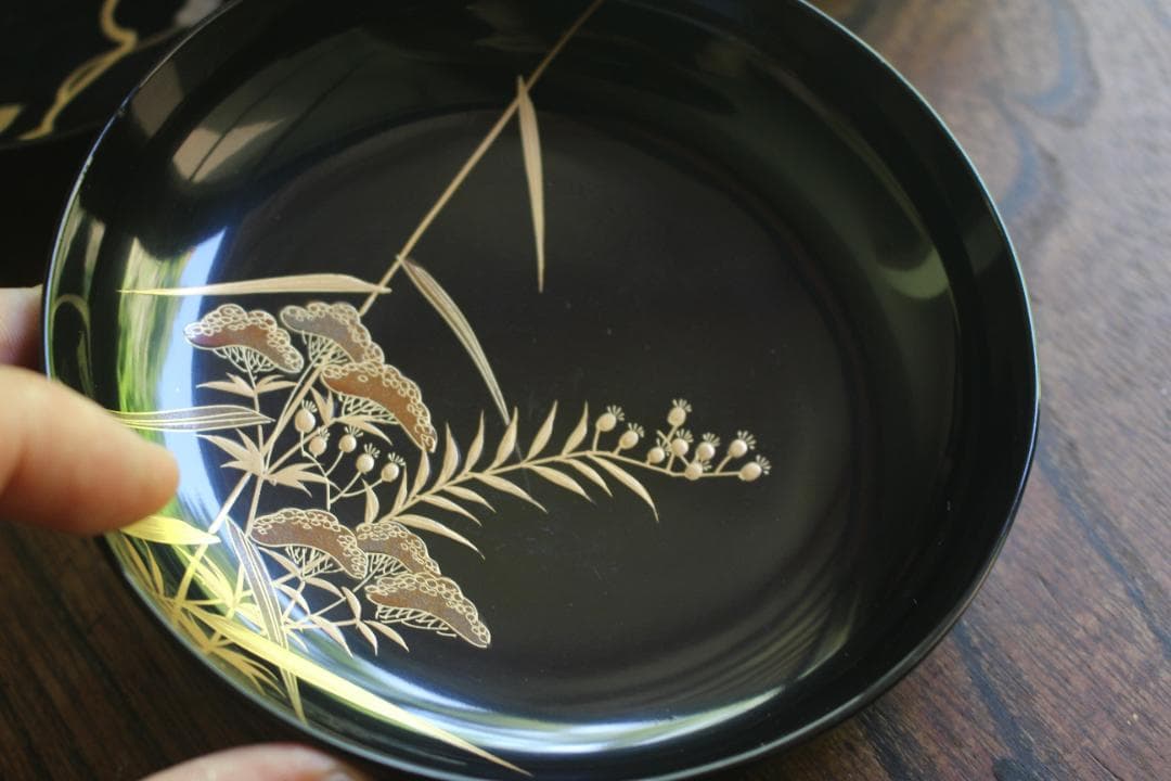 時代逸品！時代黒漆に極上草花蒔絵の映えるお椀7点（検輪島塗