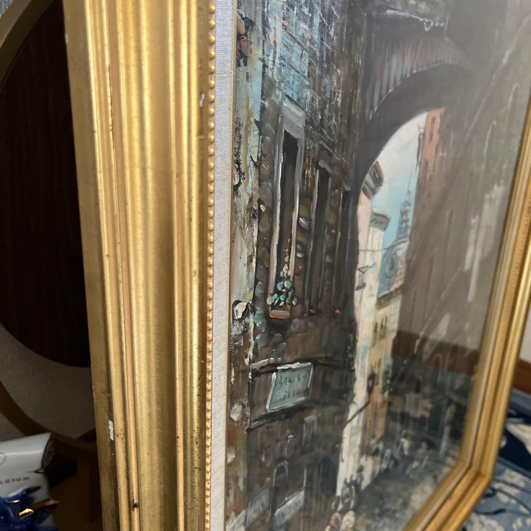 【更に値下げしました】街並み 油彩画 金色フレーム