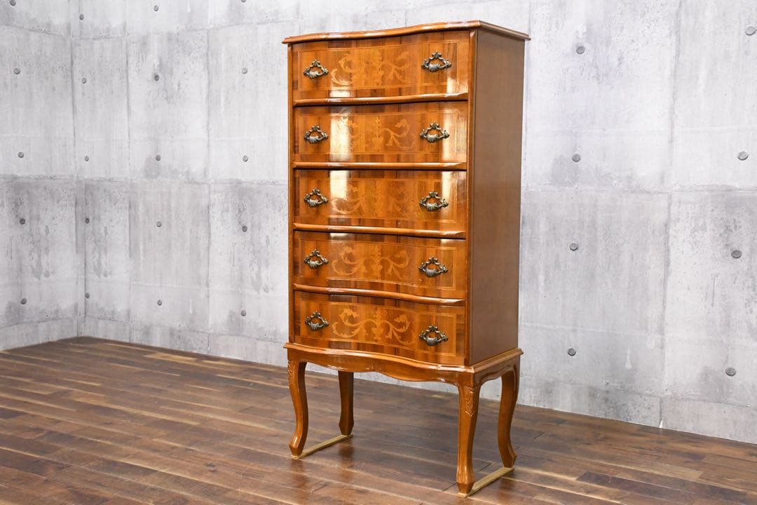 EFK11 イタリア製 猫脚 象嵌細工 5段チェスト クラシック アンティーク調