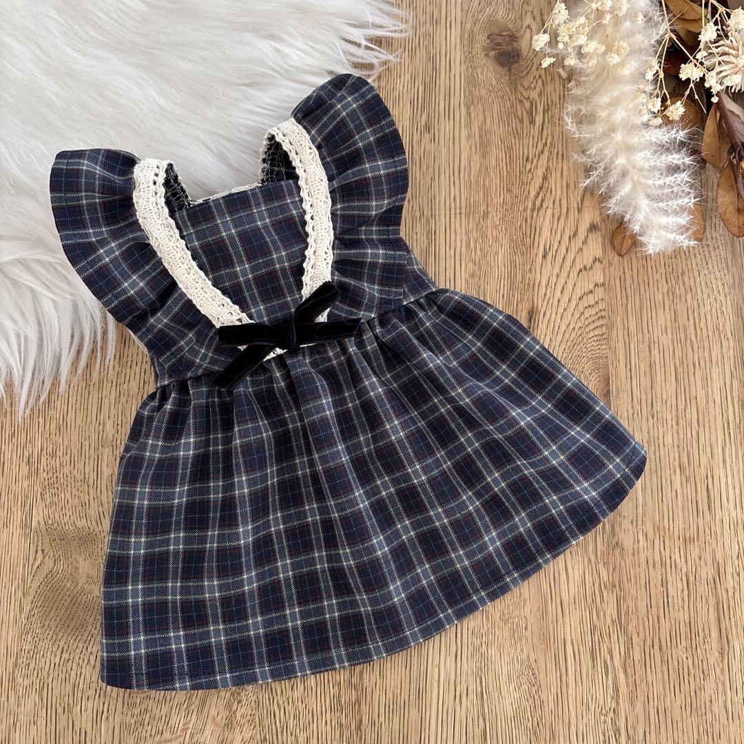 ハンドメイド ネイビーミックスチェック フリルワンピース