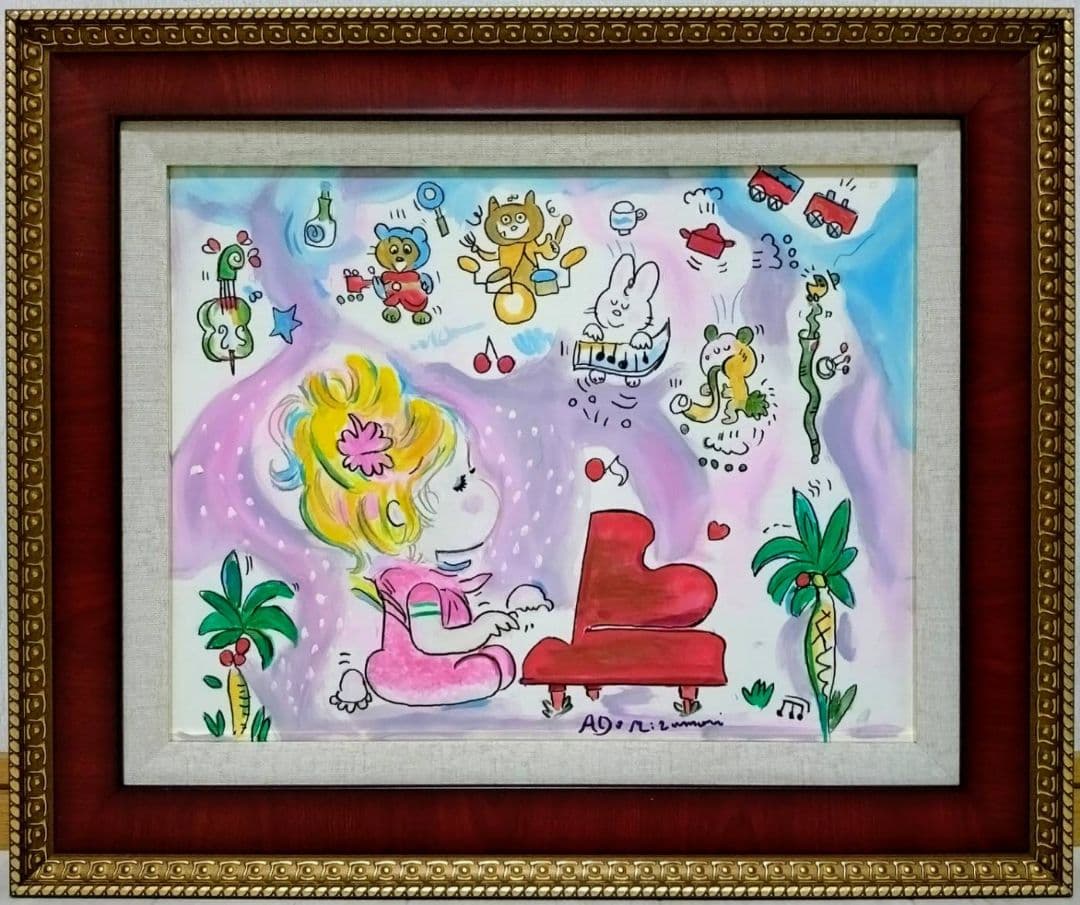 F6号】水森亜土 手描き作品/表裏サイン・裏描き有/油彩/アクリル/額縁