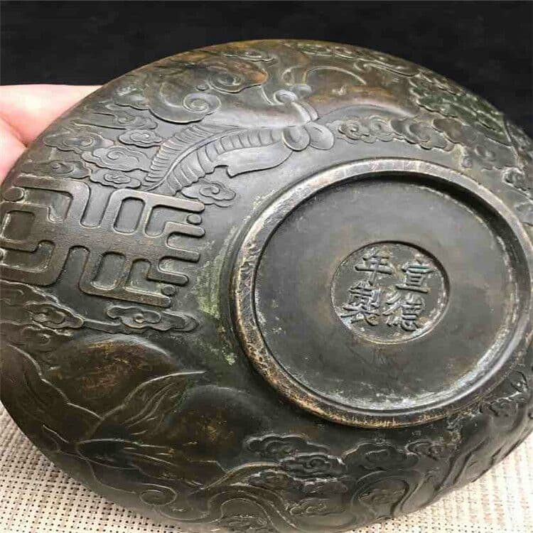 古玩古工芸品黄銅竜鳳大皿器型規整文房用品