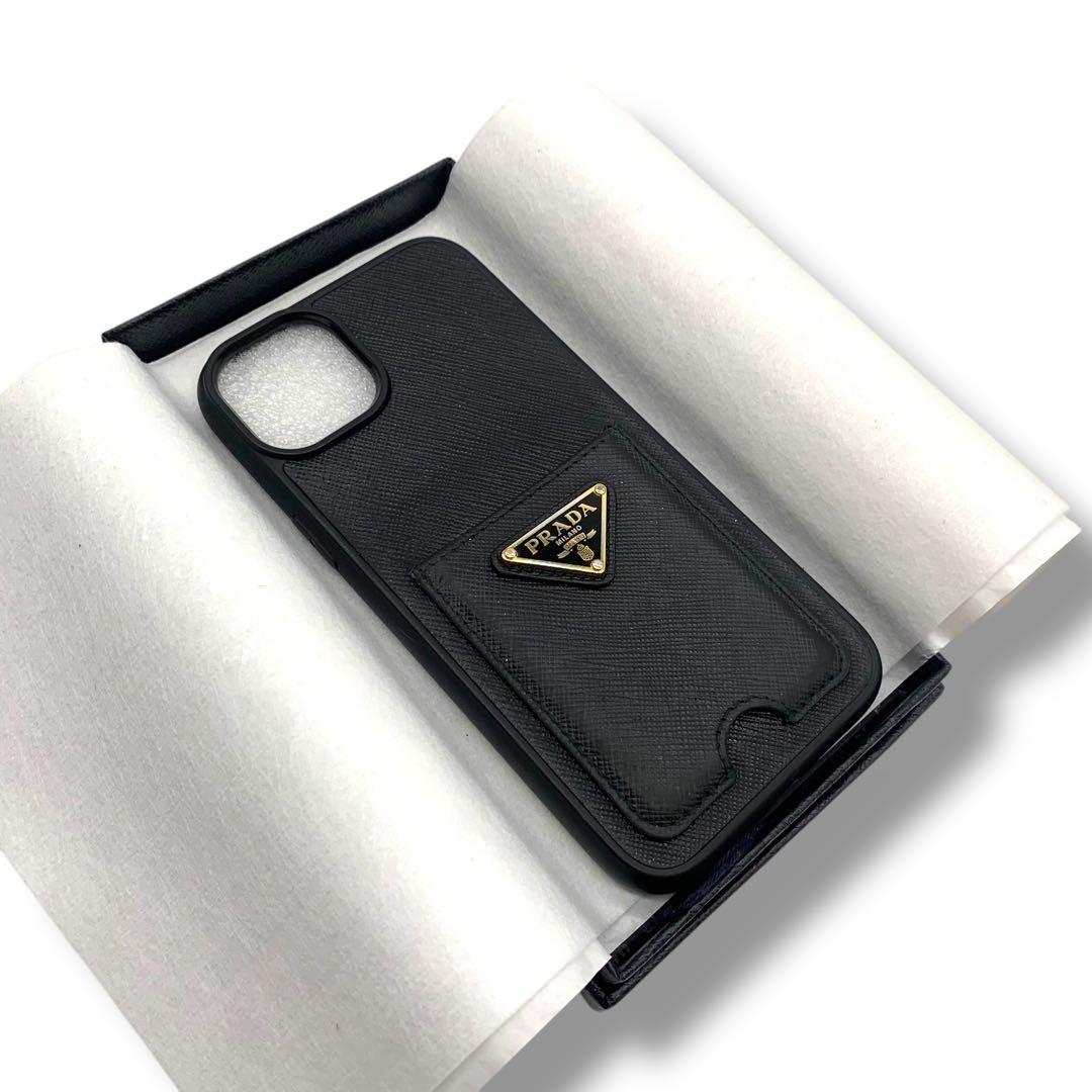 PRADA ブラック レザー iPhone用ケース 三角ロゴ