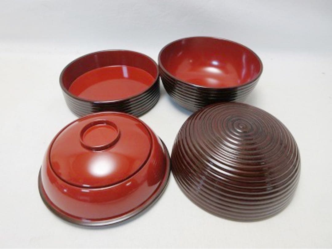 未使用 茶道具 木製溜塗 信玄三段弁当 2客揃 千筋 内朱