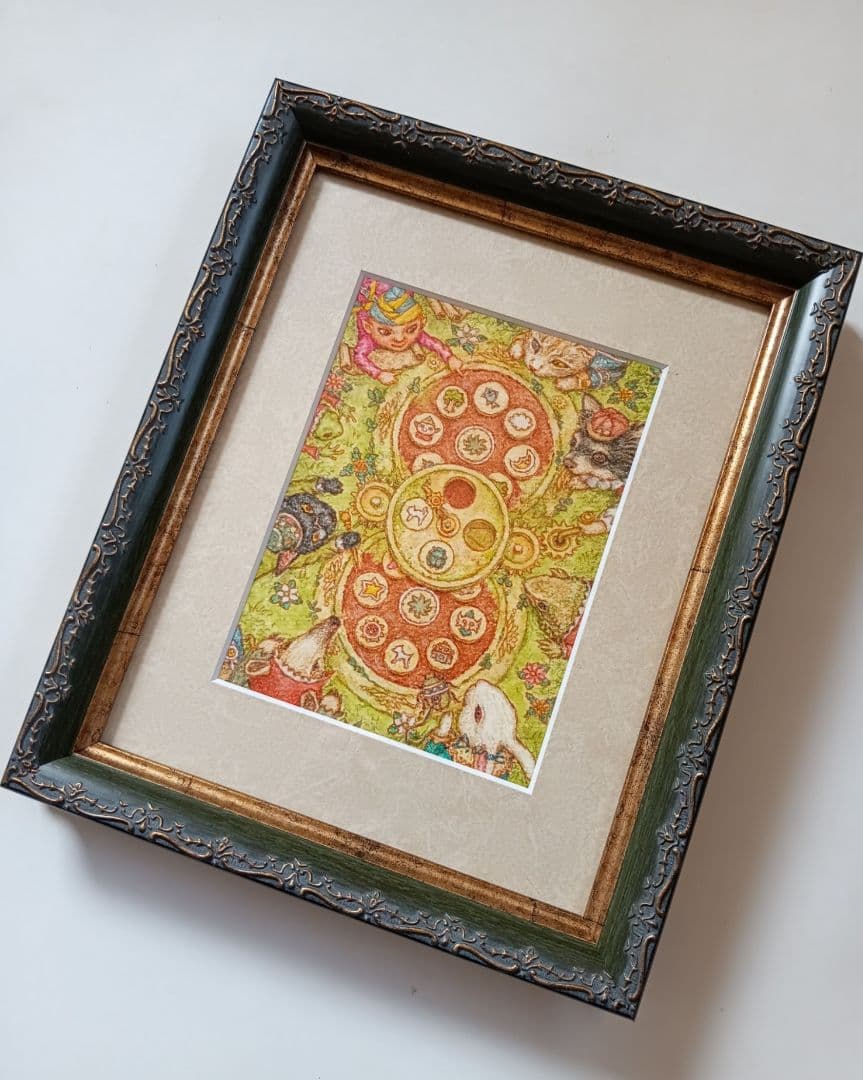 原画】『丘の上のパズル②』パステル画 絵画 動物 チワワ 黒猫
