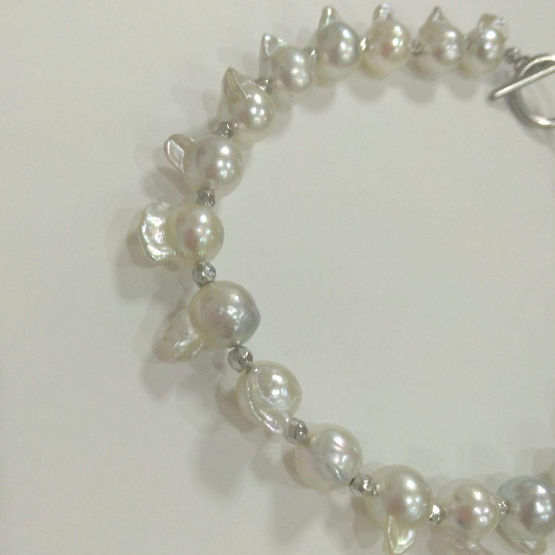 たっかー、あこや真珠羽珠、無調色ホワイト系、ツノツノマンテルブレスレット