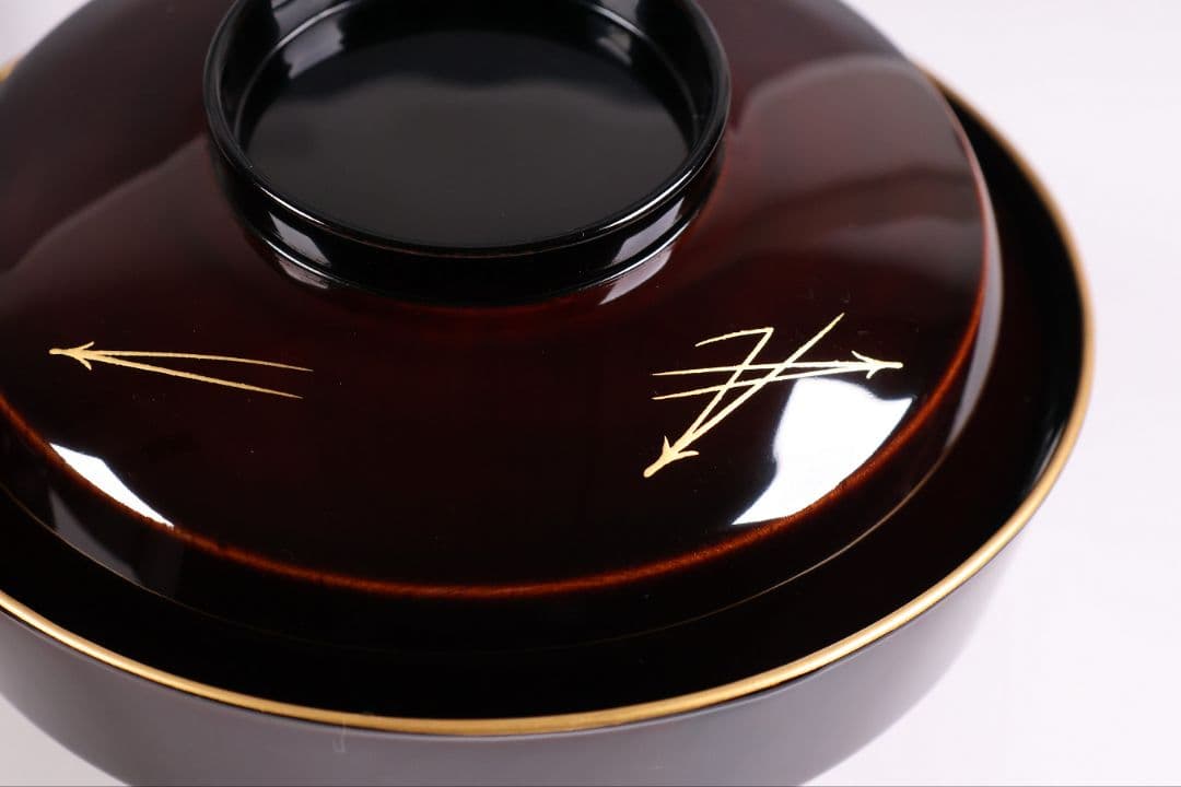 【CM376】大正期 月と松 飛翔鶴 金蒔絵 欅地溜塗 黒塗 椀二客 木製漆器