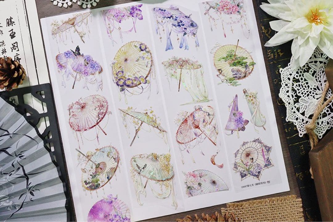 海外マスキングテープ巻売り 花和傘 フラワー 人物マスキングテープ