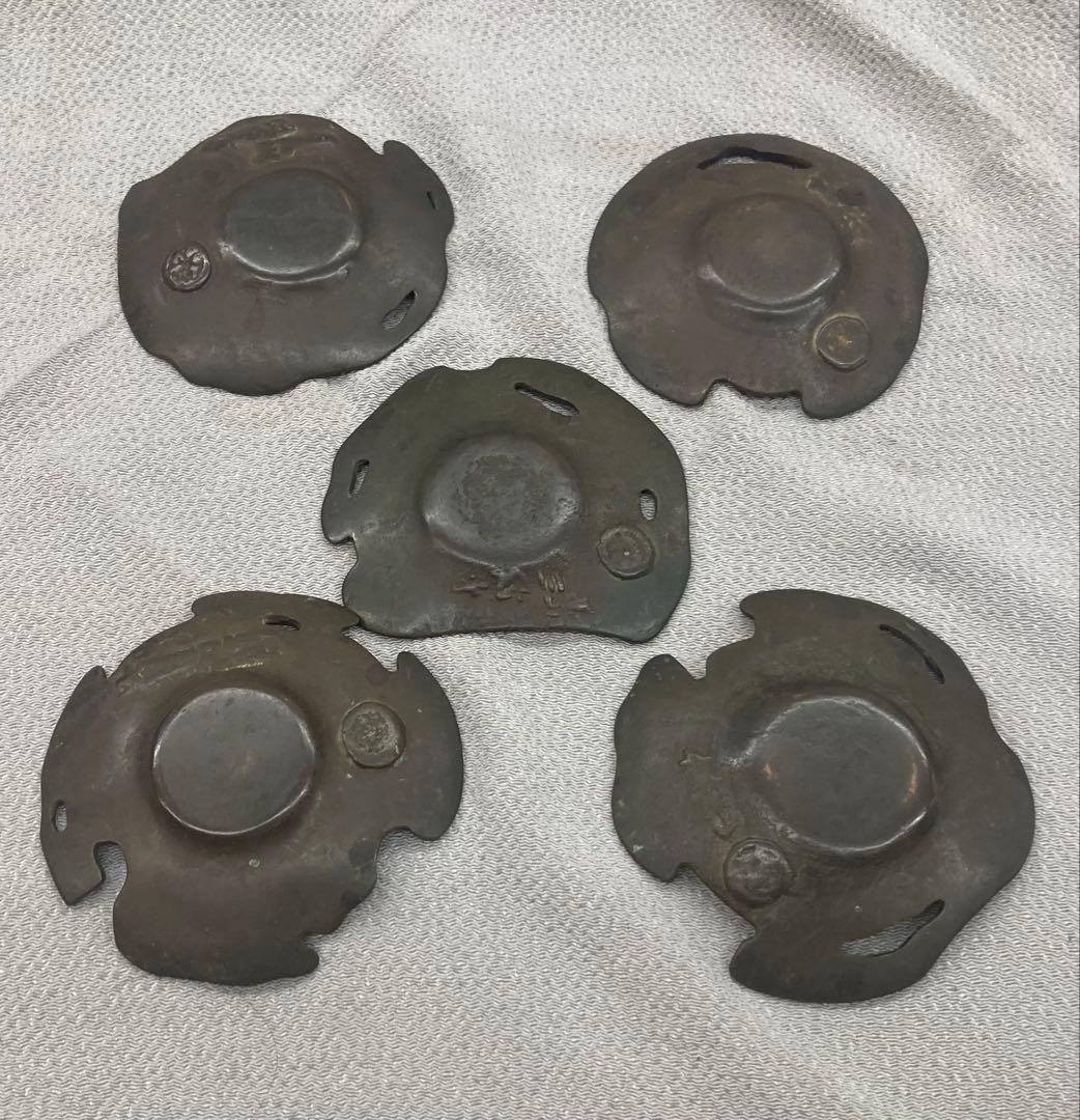 B419b「古代瓦 茶托 5枚」龍雲堂造(蓋裏書付有)平安 銅製 茶道具