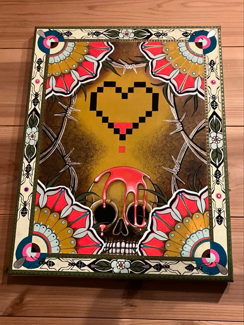 現代アート 油彩画 肉筆 一点物 スカル ピクセルハート F6号相当 ガレージ