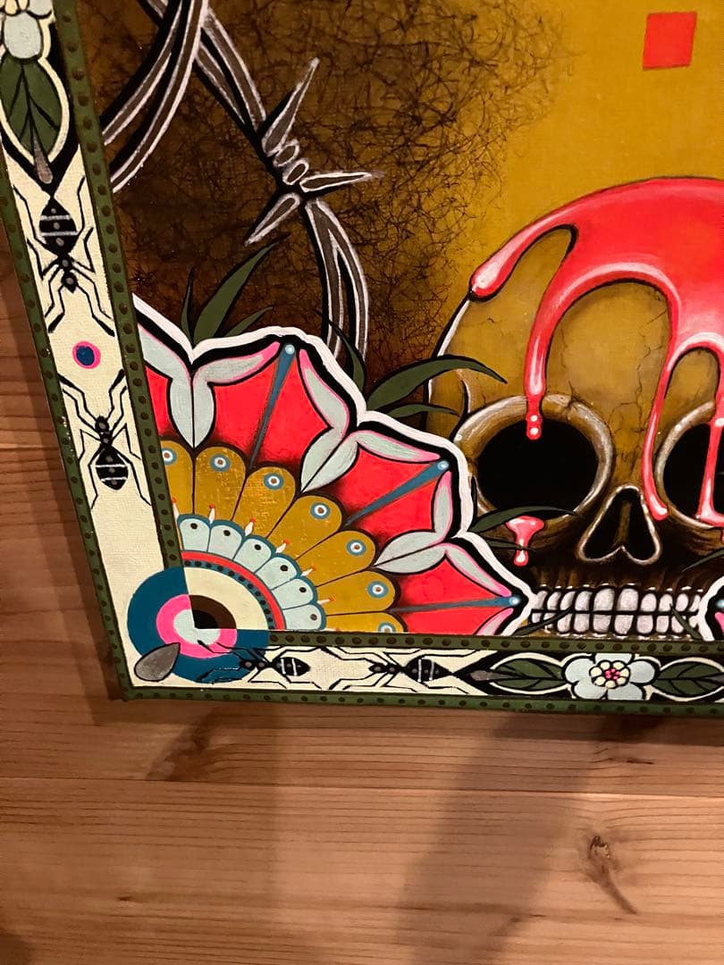 現代アート 油彩画 肉筆 一点物 スカル ピクセルハート F6号相当 ガレージ