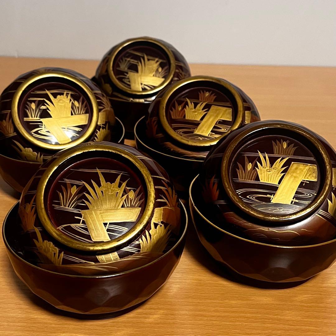 【輪島塗】希少　菖蒲 八橋図 金蒔絵 縁金 溜塗