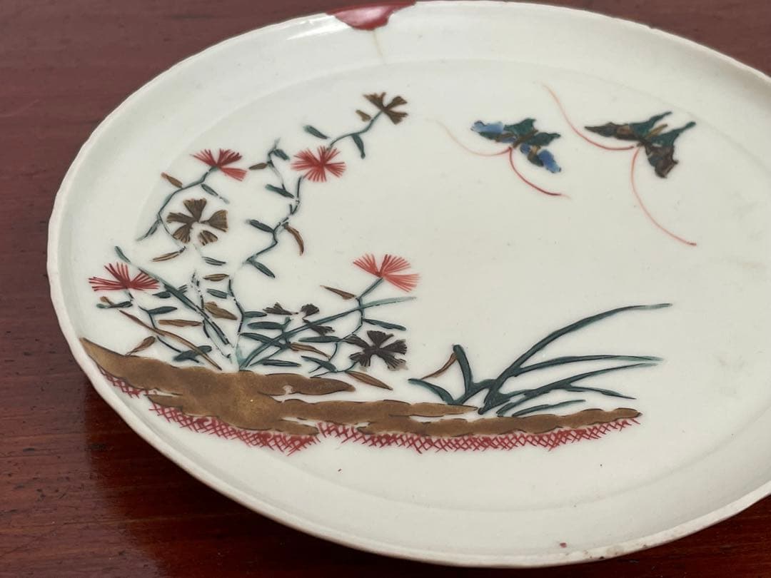 2 骨董 アンティーク 色絵古九谷 撫子蝶々図 丸皿 五寸皿 角福