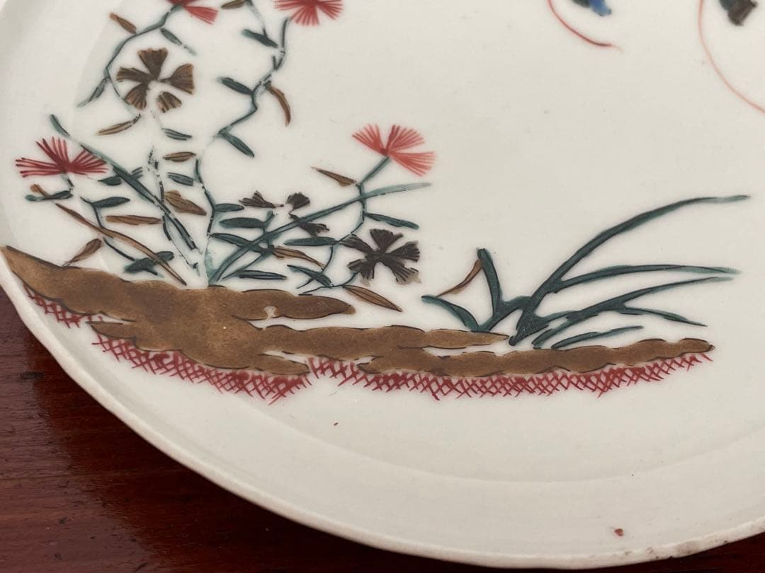 2 骨董 アンティーク 色絵古九谷 撫子蝶々図 丸皿 五寸皿 角福