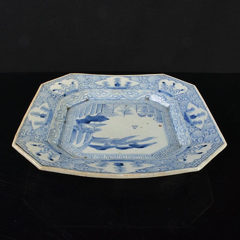 伊万里焼 古伊万里 染付皿山水文八角皿 C R6374F