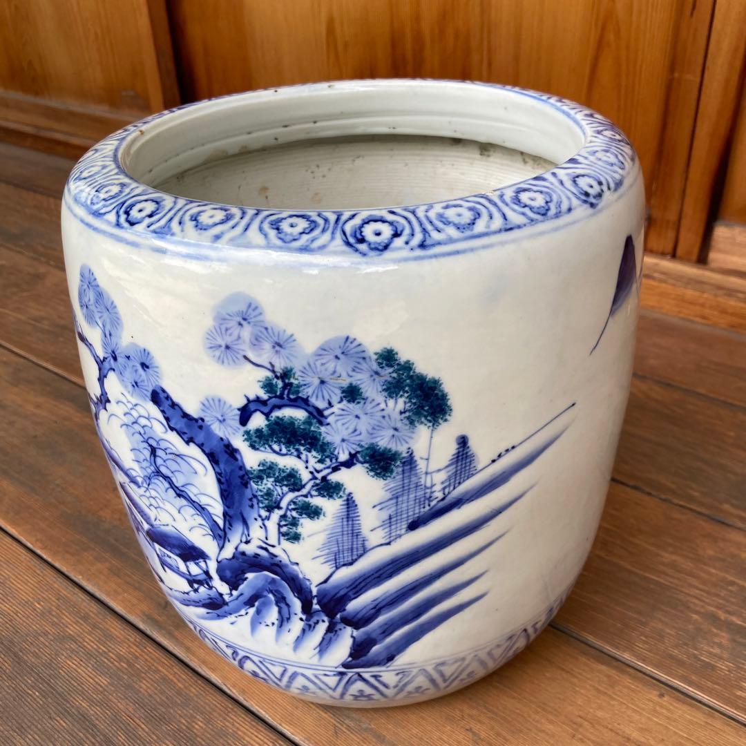 火鉢 陶磁器 染付 レトロ アンティーク 古民具 希少 金魚鉢 手作り 灰